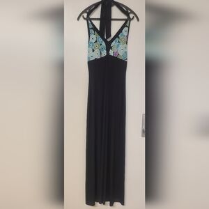 INC Black Maxi Halter Ankle Length Dress with Floral Accents